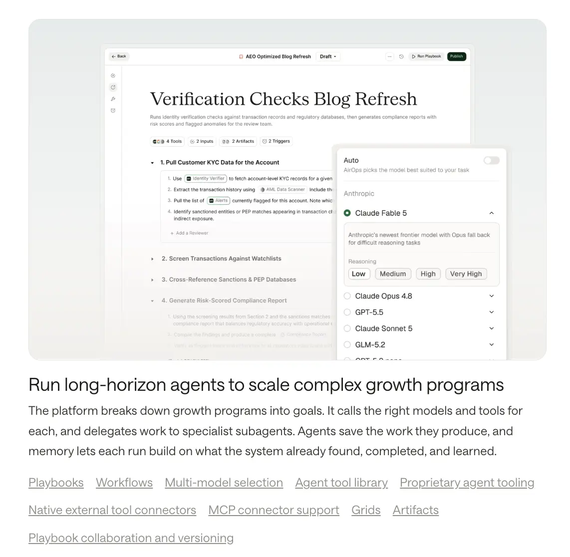AirOps product view captured 6 October 2026: A long-horizon agent playbook: steps with tools, inputs, artifacts and triggers, and a choice of model per run