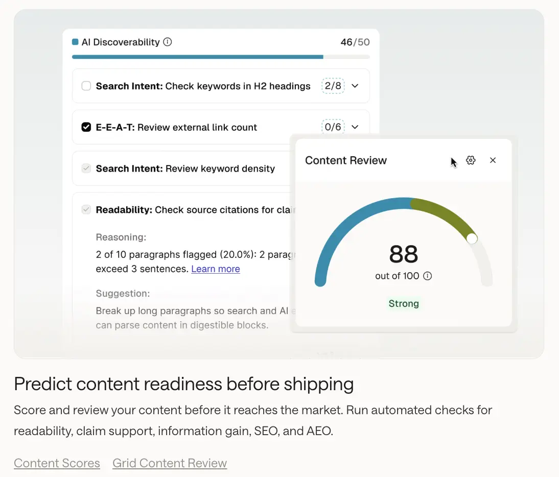 AirOps product view captured 6 October 2026: Content scores: automated checks for readability, claim support, SEO and AEO before a page ships