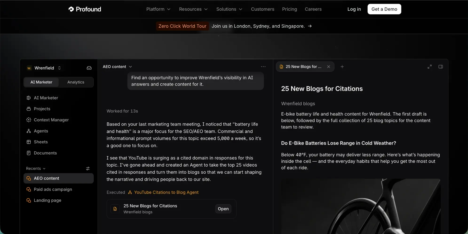 Profound product view captured 6 October 2026: The AI Marketer finds a visibility opportunity, builds an agent and drafts 25 blogs from cited videos