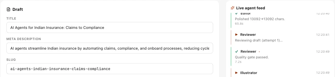 A Blog Studio run with the editable title, meta description and slug of the draft on the left and the Live agent feed on the right