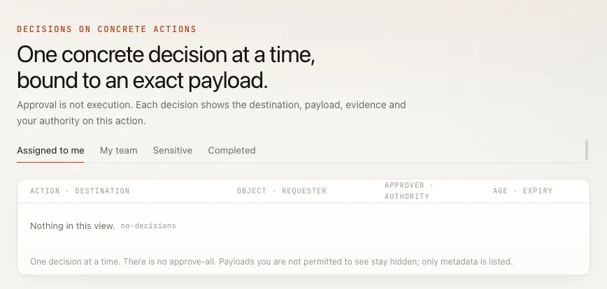 Echo's Approvals screen on Assigned to me, reading Nothing in this view, with the no approve-all rule at the foot