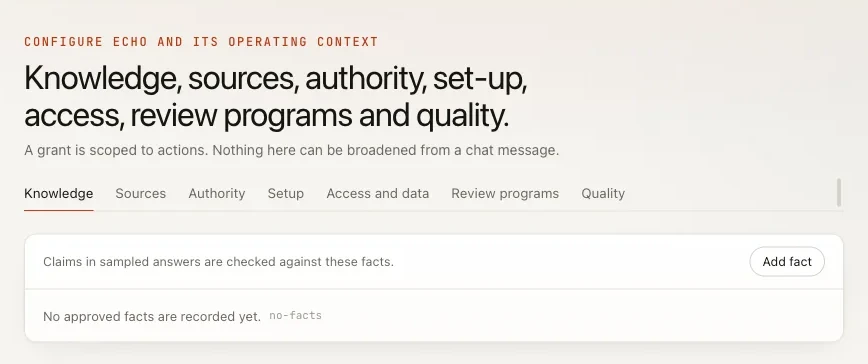 The Knowledge tab of Manage with the Add fact button and no approved facts recorded yet