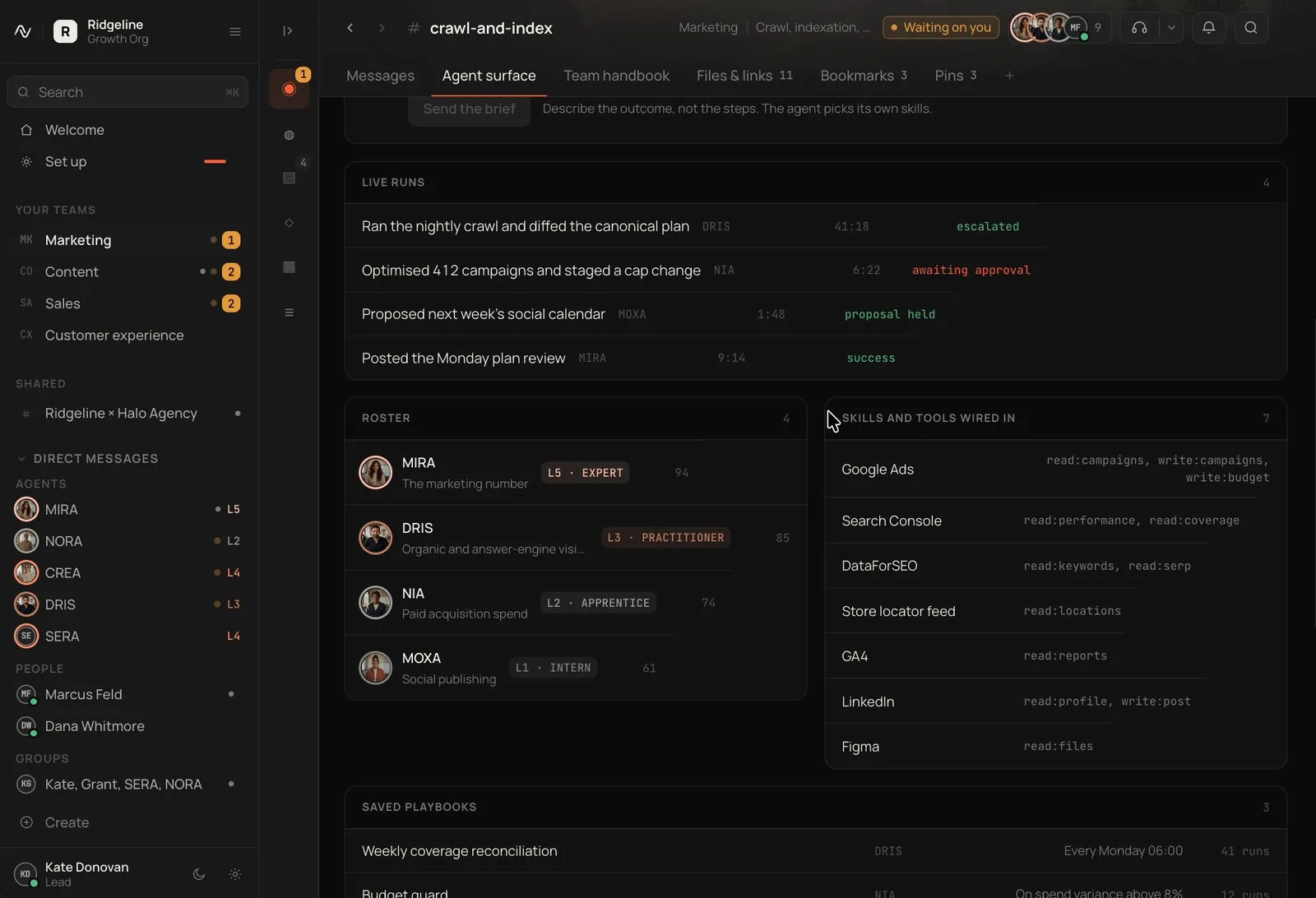 The marketing team's work in Nagent: paid ads, search and social in one view, with a budget change waiting for approval