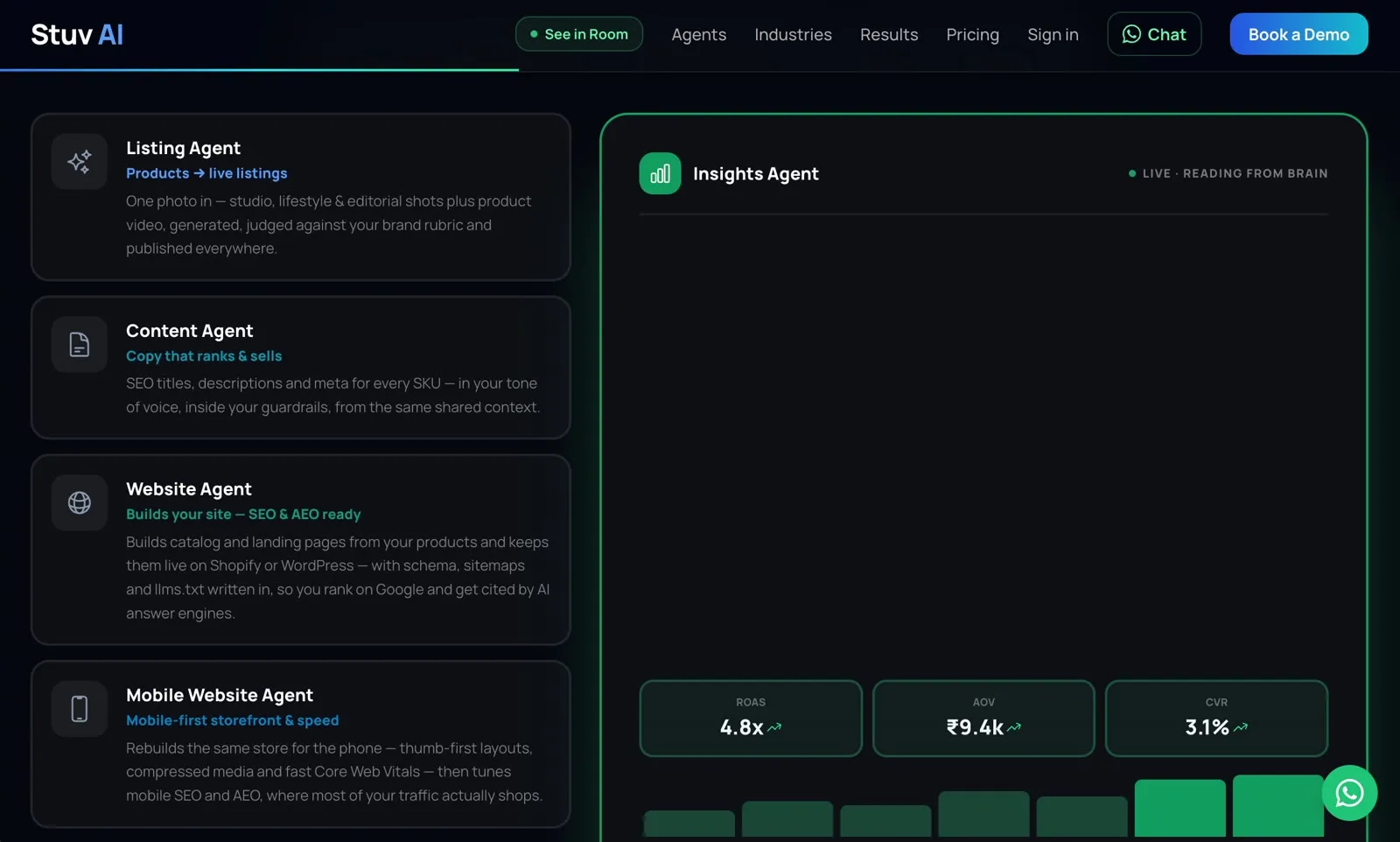 Stuv AI's agent roster: listing, content, website, mobile website, marketing, insights and see in your room agents
