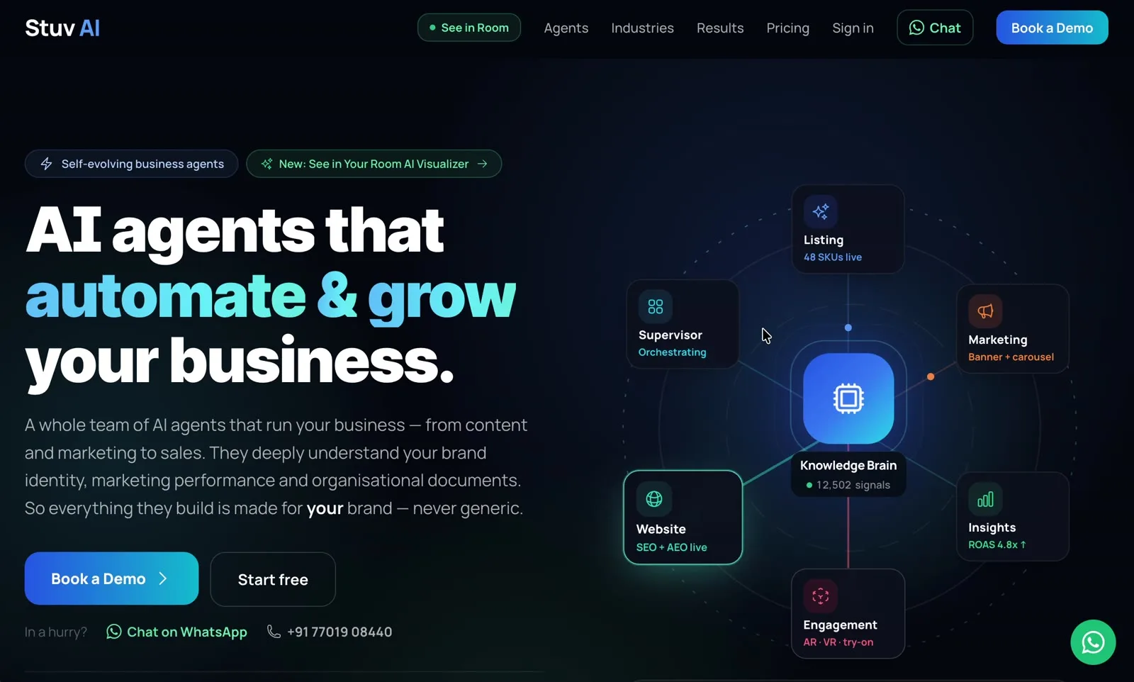 Stuv AI's homepage: AI agents that automate and grow your business, around a knowledge brain