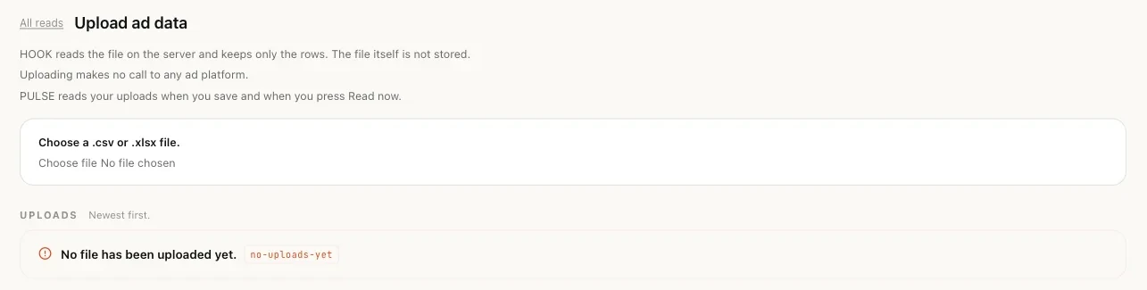 The Upload ad data screen, which takes a .csv or .xlsx file and lists past uploads