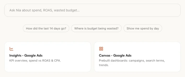 Advertising, with the ask box for NIA, three suggested questions, and the Insights and Canvas cards