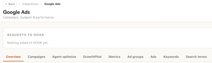 The Google Ads surface: the Requests to HOOK card, and the tabs Overview, Campaigns, Agent optimise, GrowthPilot, Metrics, Ad groups, Ads, Keywords and Search terms