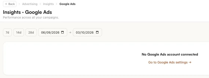Insights for Google Ads before an account is connected, with a link to the Google Ads settings