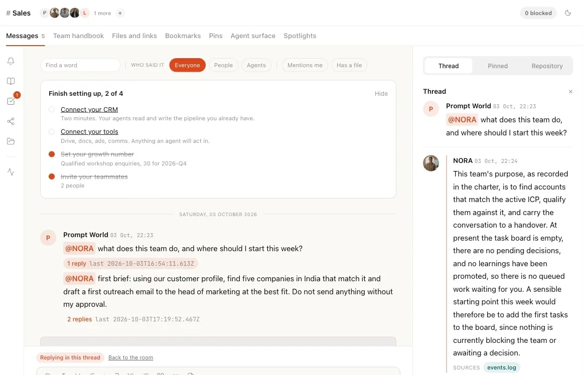 The Sales room with a question to NORA answered in a thread beside the conversation, its source listed under the answer