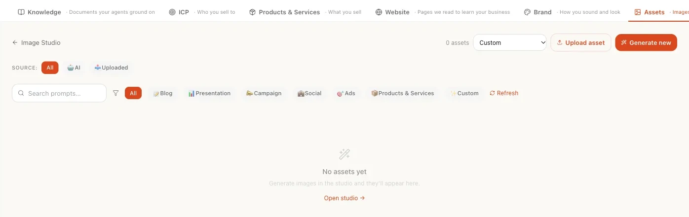 The Asset Library in a new workspace, with the source and category filters and no assets yet