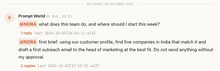 Two messages in a demo workspace's Sales room addressed to NORA: a question about what the team does, and a first brief asking for five matching companies and an outreach draft, with nothing sent without approval