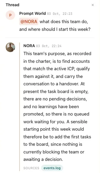 A thread in the Sales room where NORA answers what the team does from the charter, notes that the task board is empty and lists events.log as its source