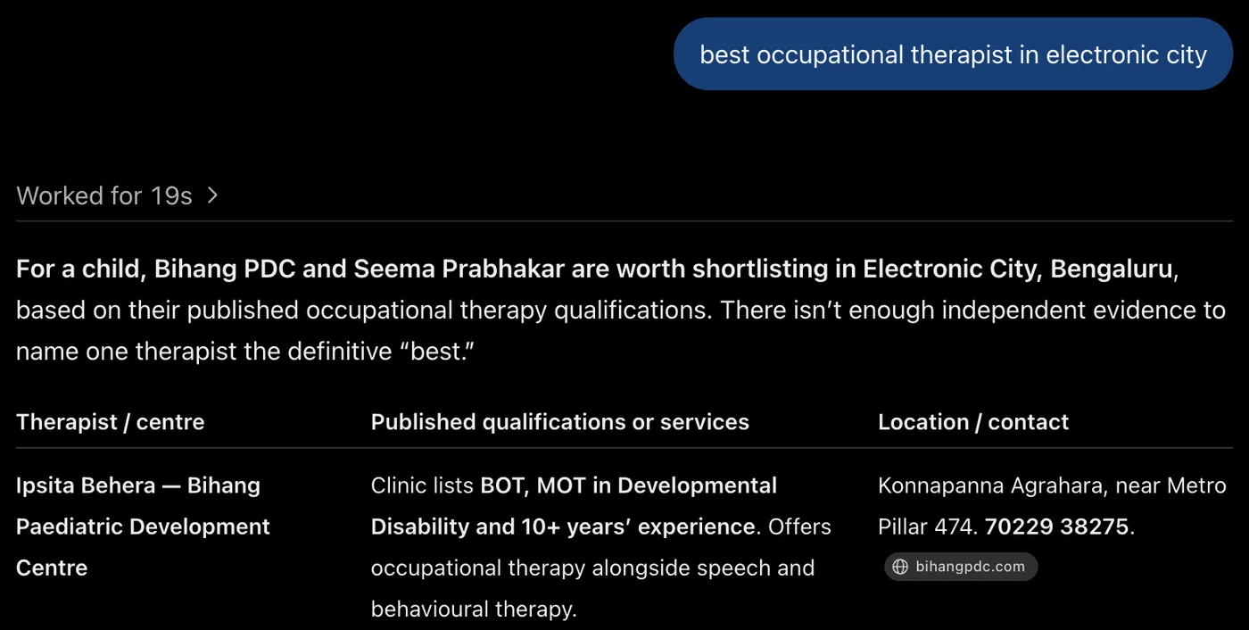 ChatGPT answer to best occupational therapist in Electronic City listing Bihang Paediatric Development Centre first and citing bihangpdc.com