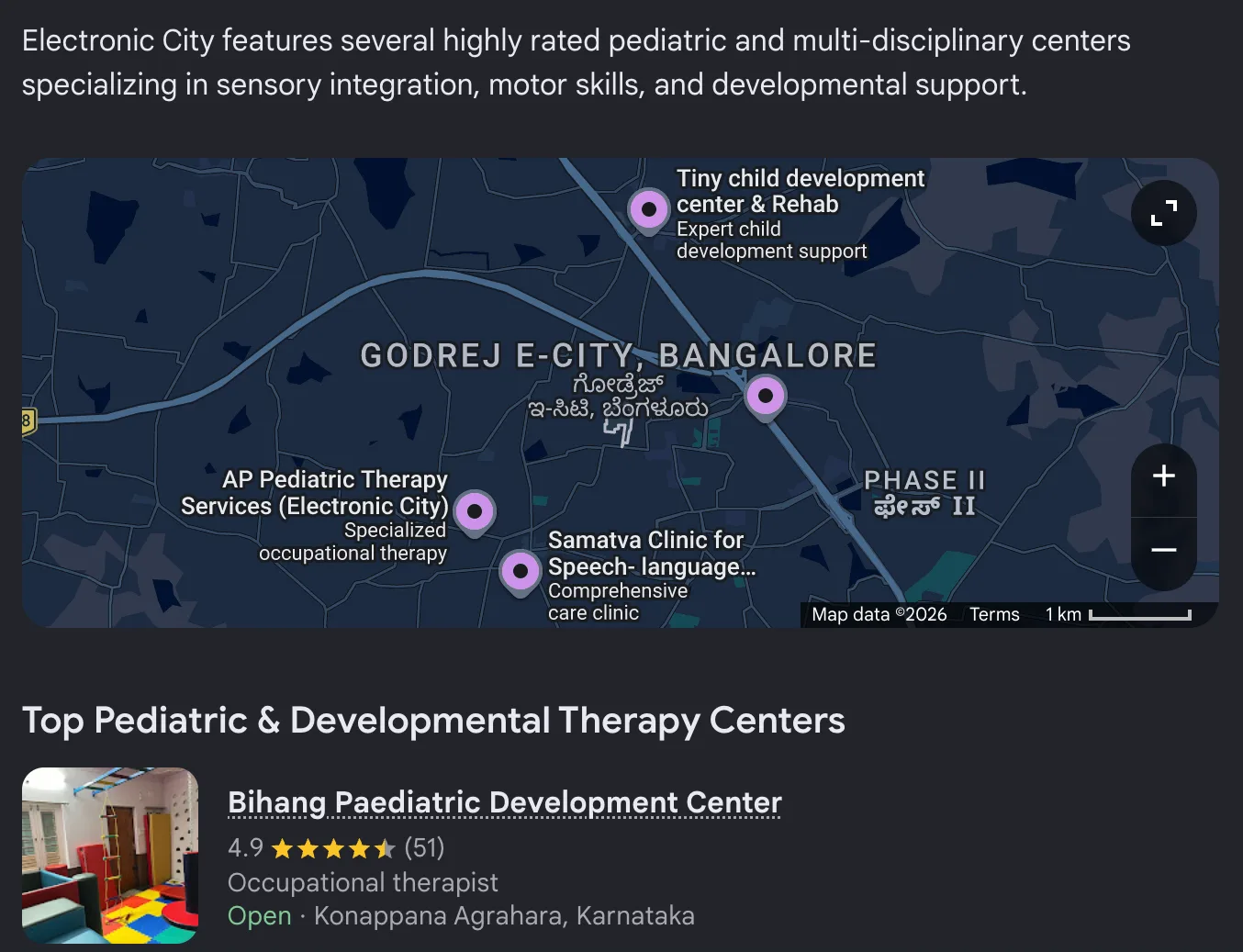 Google AI answer listing Bihang Paediatric Development Center first among top paediatric and developmental therapy centres, rated 4.9 from 51 reviews