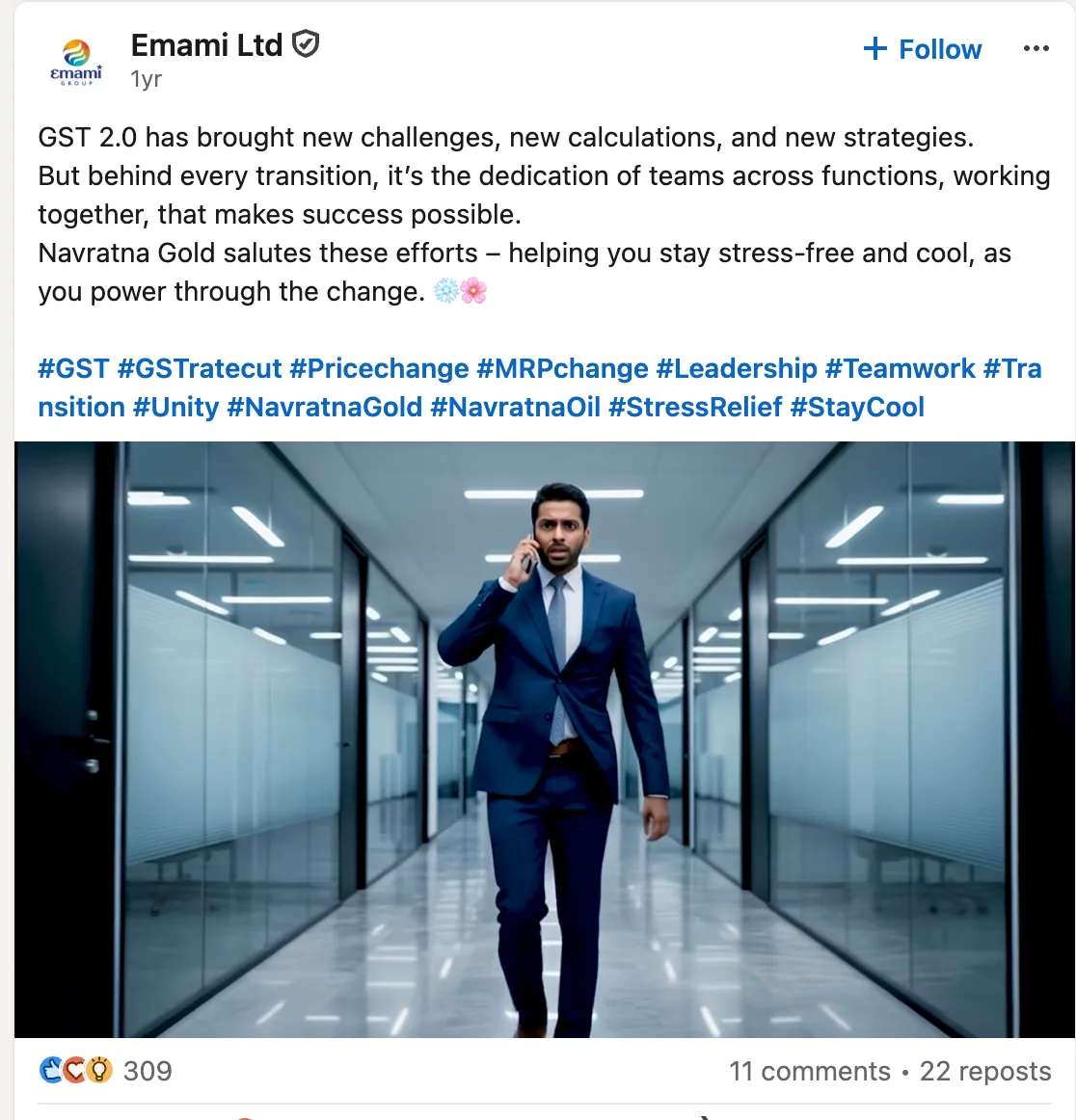 Emami Ltd LinkedIn post of the Navratna Gold GST 2.0 film, 309 reactions, 11 comments, 22 reposts