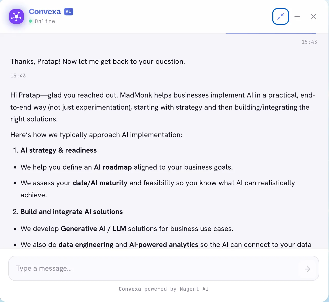 Convexa on madmonk.ai answering a Melbourne small business owner asking how Madmonk can help implement AI