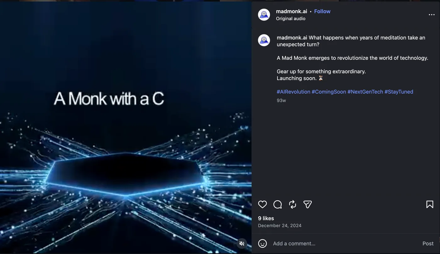 The first madmonk.ai Instagram post, A Monk with a Cape, launching soon, 24 December 2024