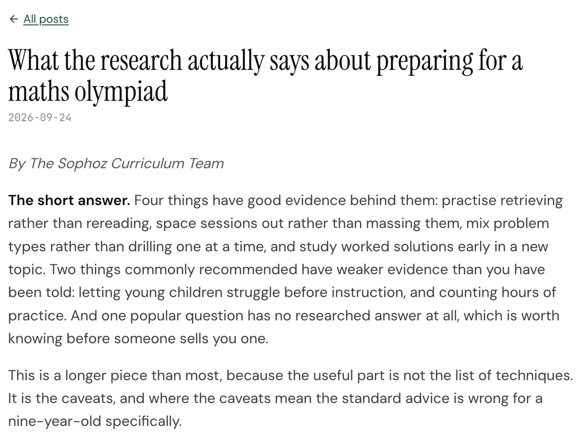 The Sophoz blog post What the research actually says about preparing for a maths olympiad