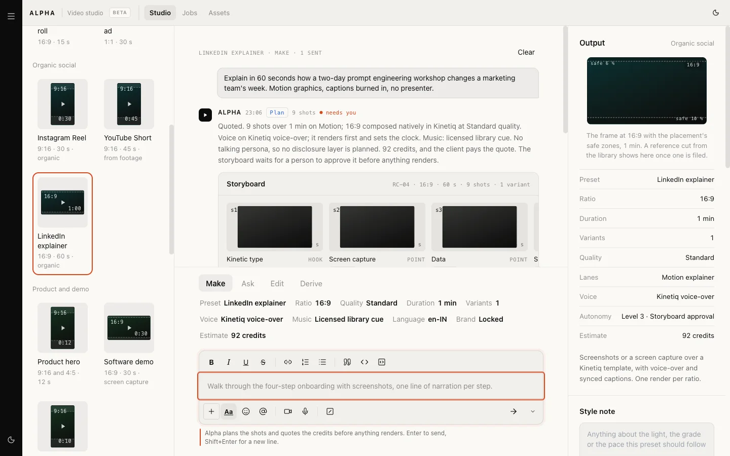 A quoted storyboard in the Alpha video studio: nine shots over one minute, 92 credits, and the note that the storyboard waits for a person to approve it before anything renders