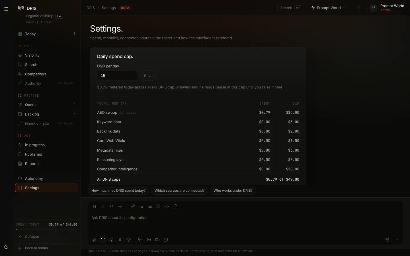 DRIS Settings for the example workspace: the daily spend cap, and today's spend against each DRIS cap