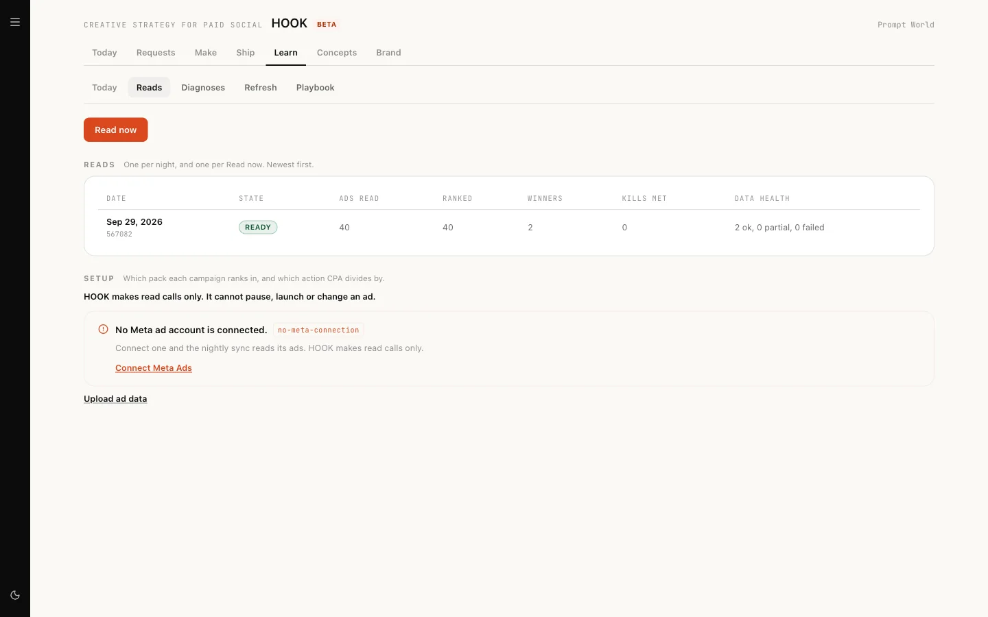 HOOK's Learn tab, on Reads: one read of 40 ads with two winners, the note that HOOK makes read calls only and cannot pause, launch or change an ad, and Upload ad data