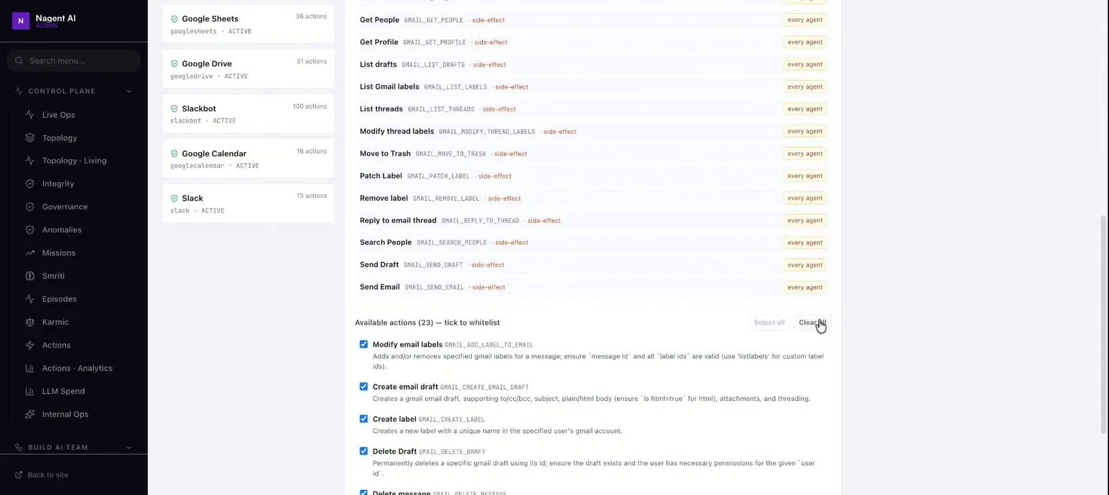All Gmail actions ticked, including Delete Draft and Delete message