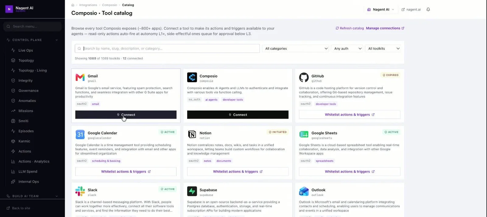 Full catalog of toolkits with Connect selected on the Gmail card