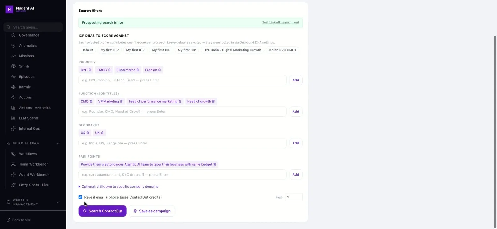 Search button running a one-time prospecting query