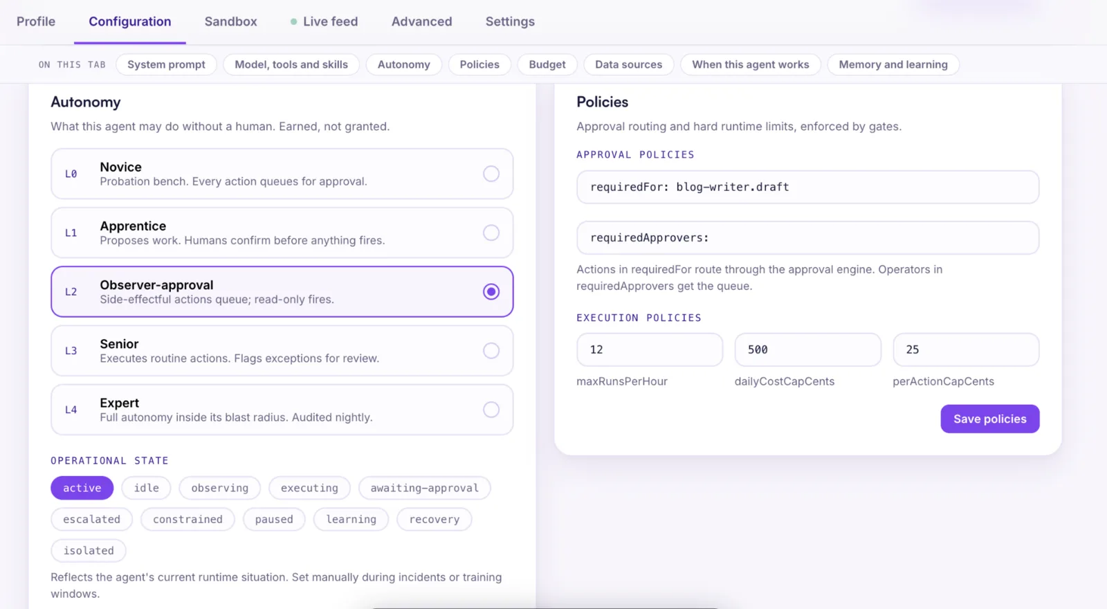 Agent configuration showing the autonomy ladder and approval policies