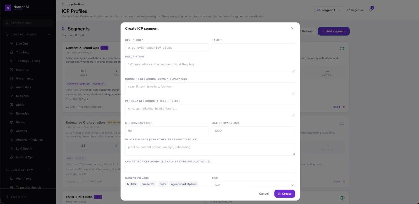 Ideal customer profile records with segment descriptions