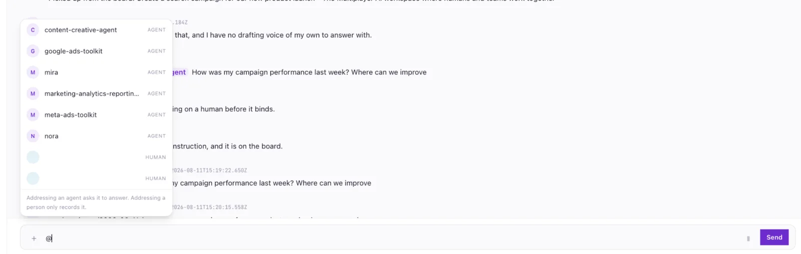 Mention picker addressing an agent in the team thread