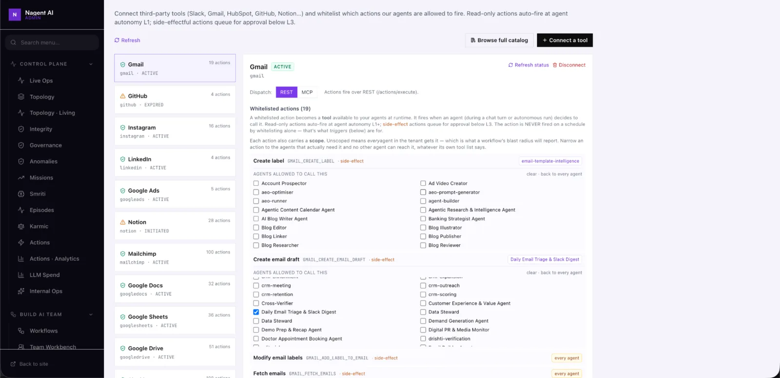 Action scope settings limiting access to selected agents