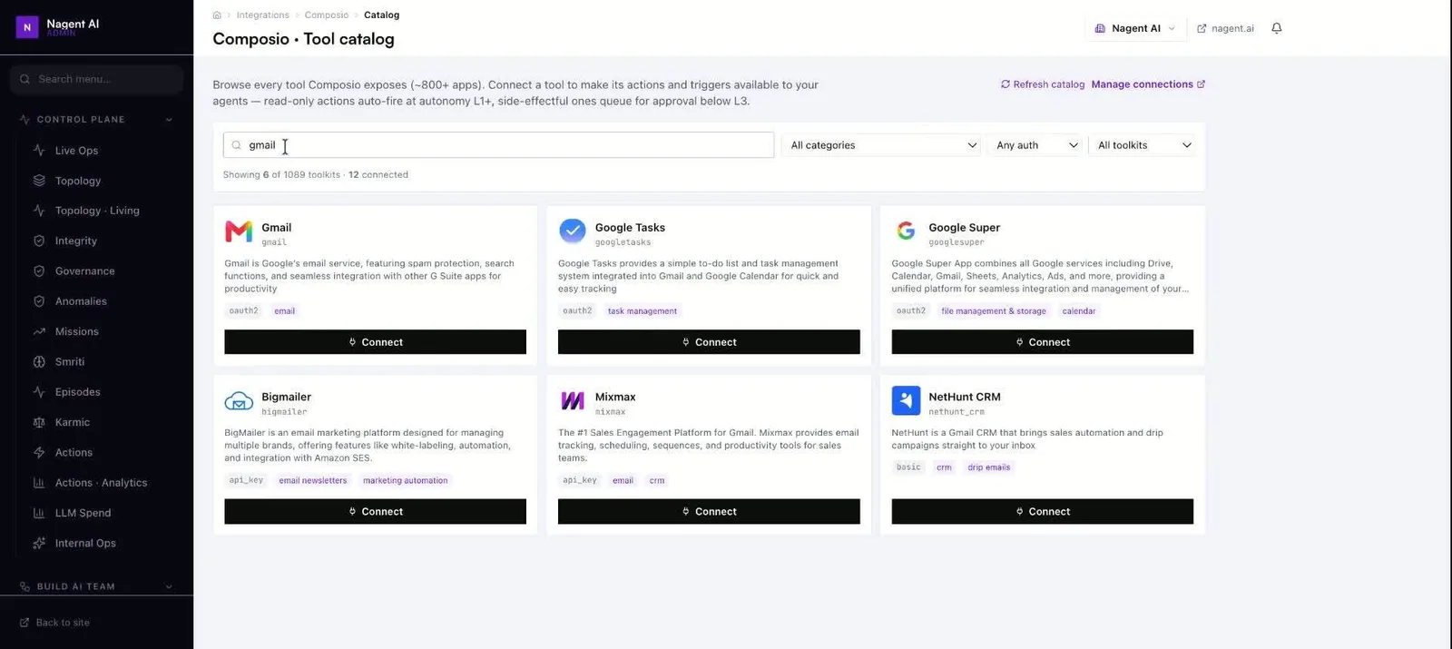Catalog search for gmail returning six matching toolkits with Connect buttons