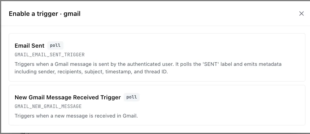 Trigger list showing watched events and emitted metadata