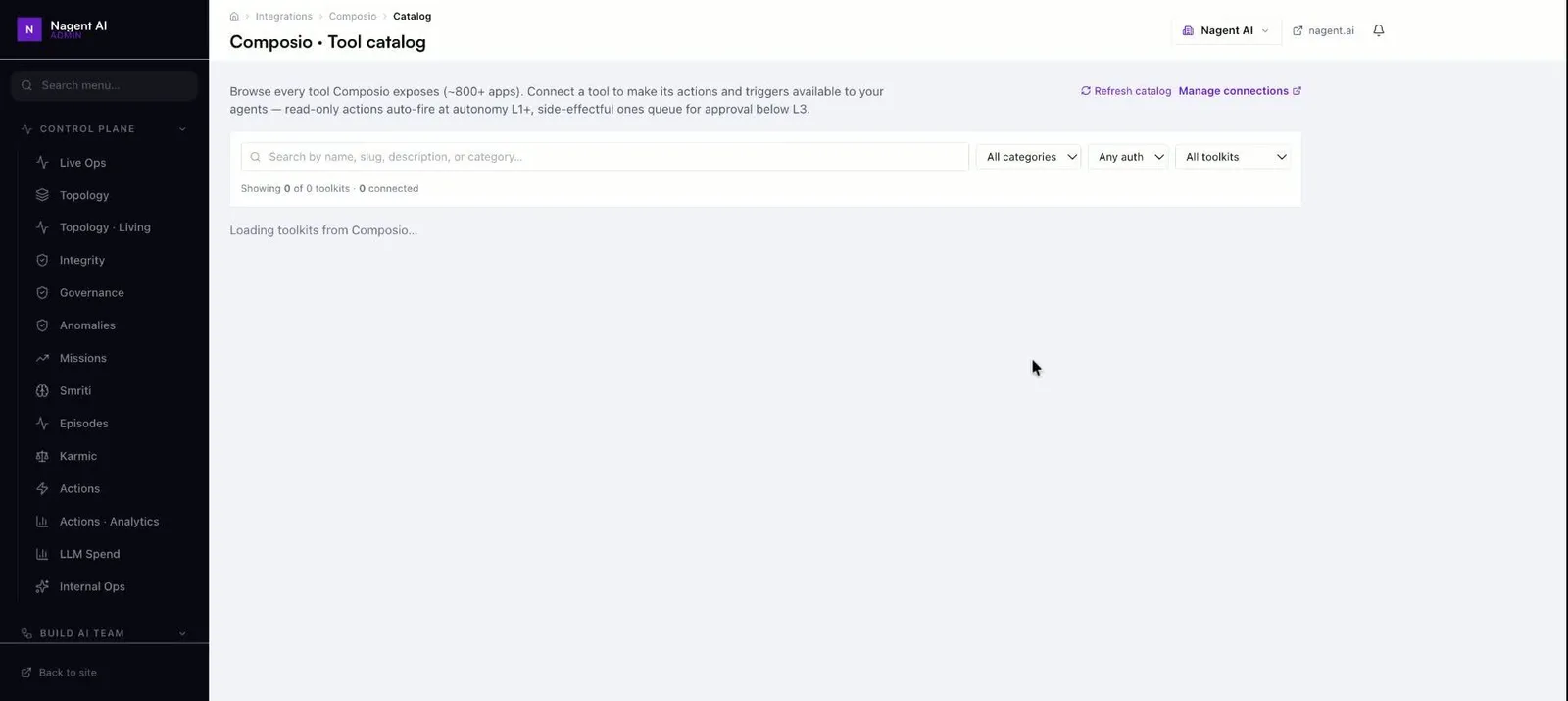 Empty tool catalog with search bar and category filters loading