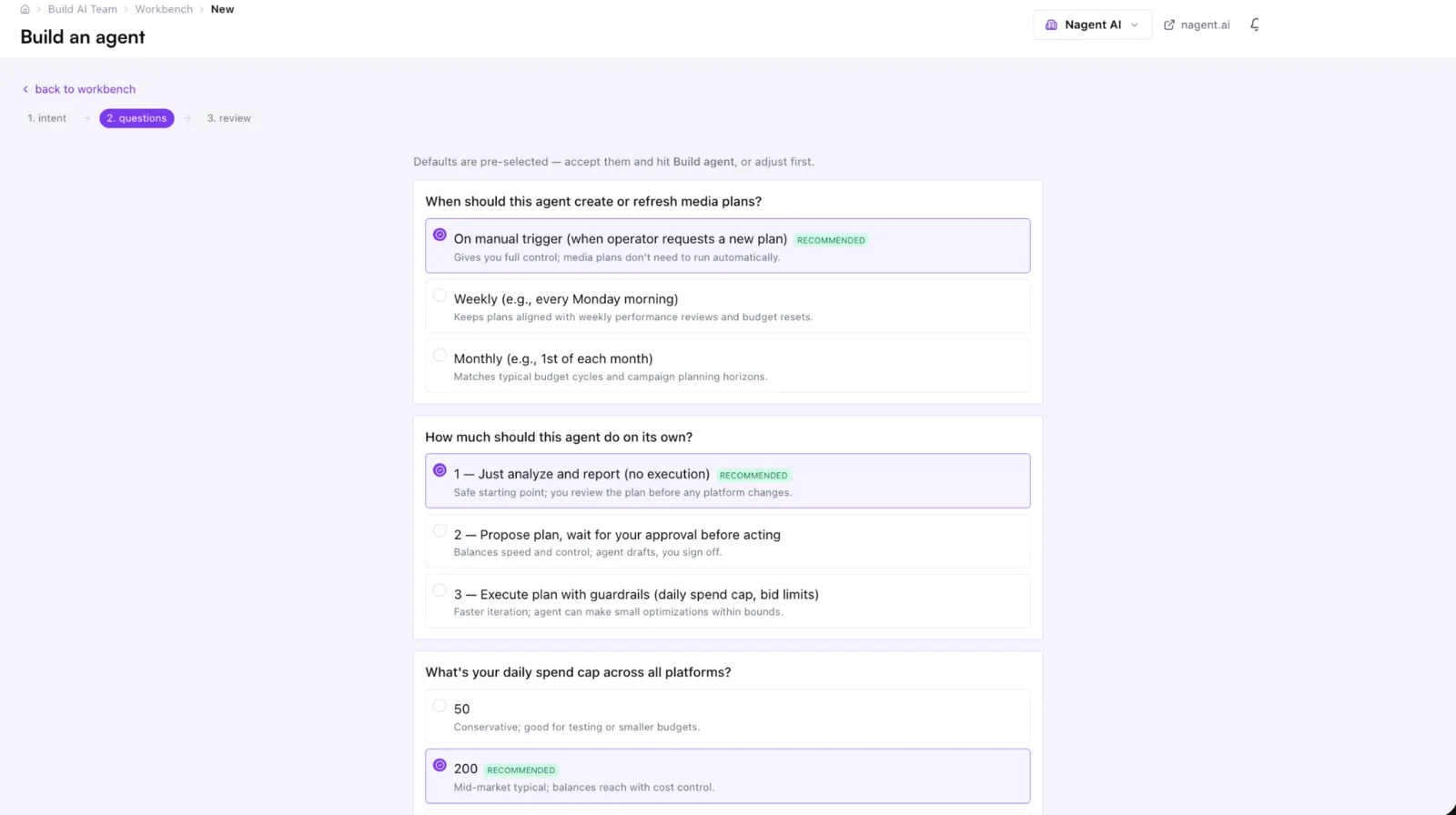 Build an agent questions step with trigger, autonomy and spend cap options