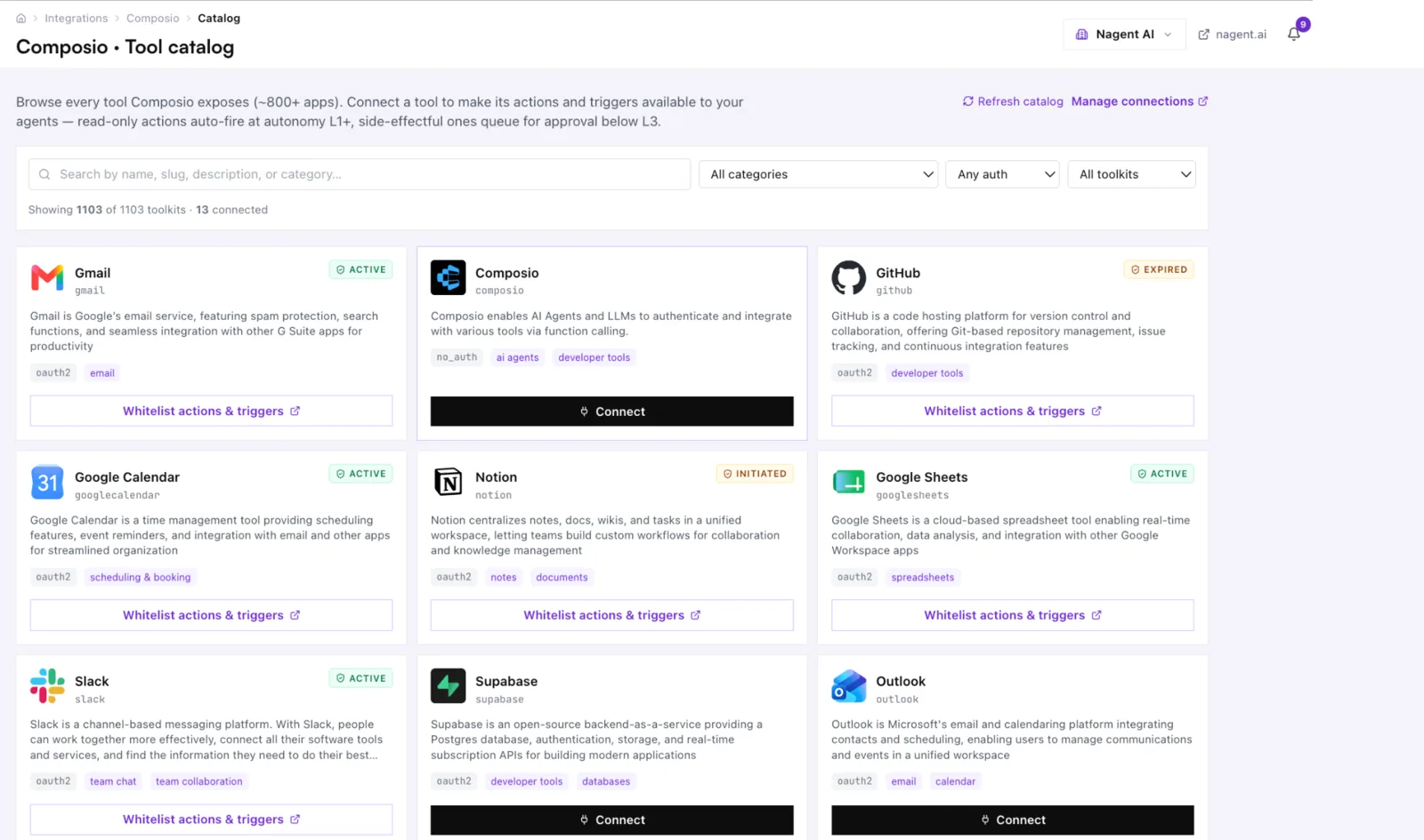 Integrations dashboard listing connected third-party tools