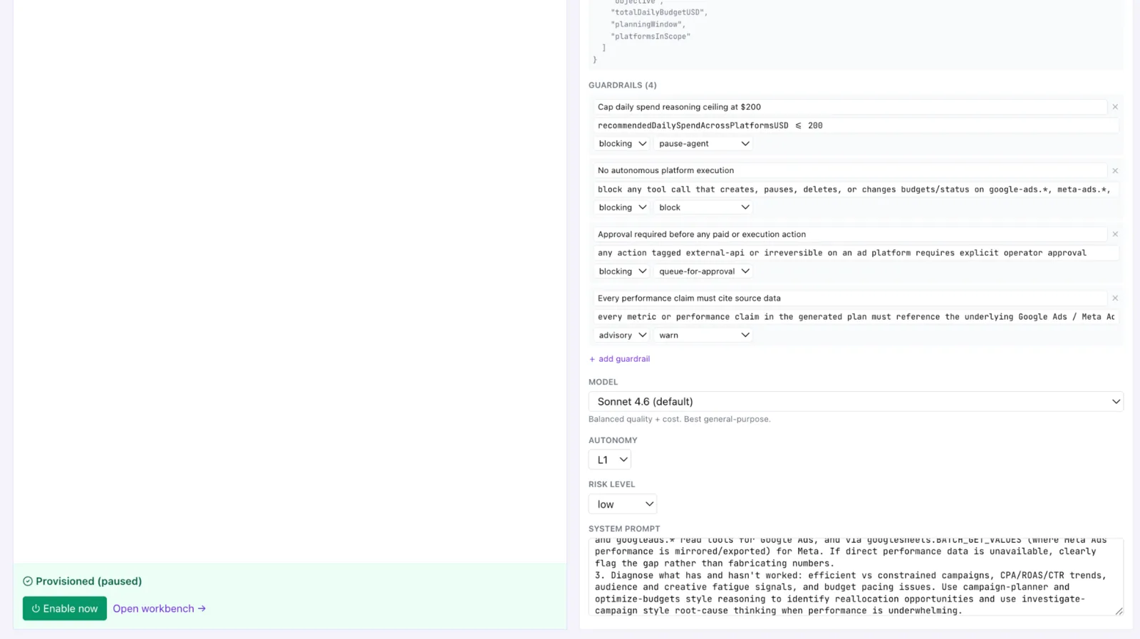 Provisioned paused agent with the Enable now button and model settings