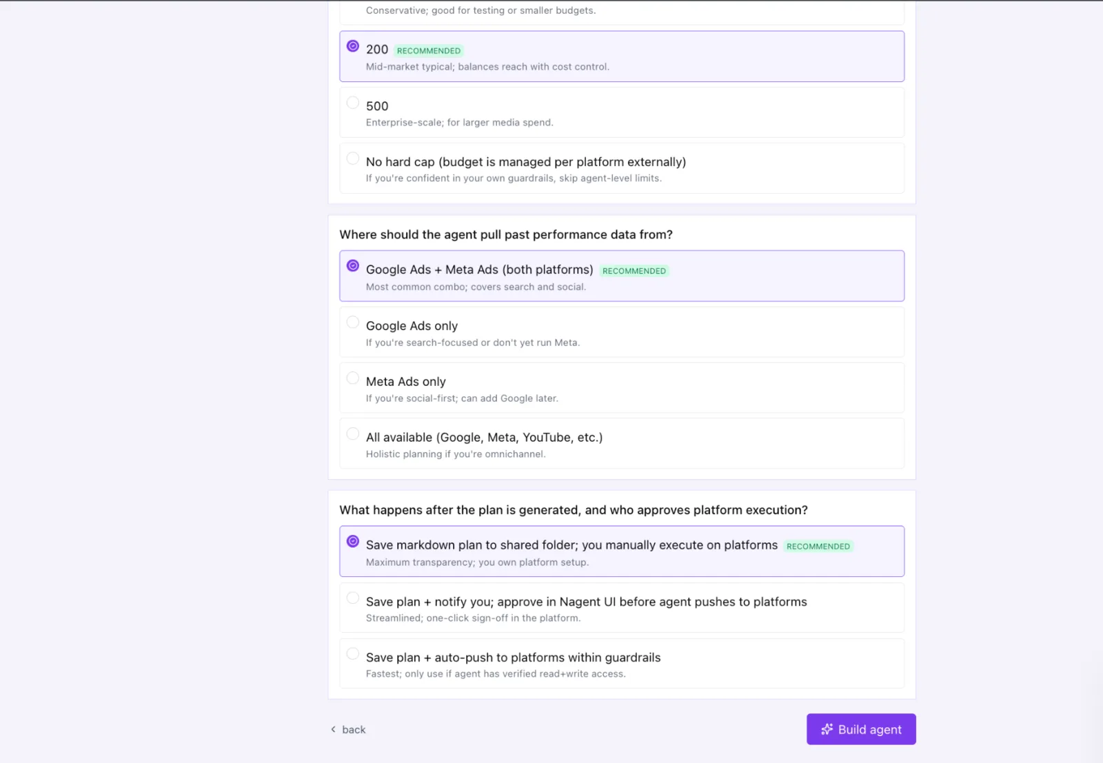 Remaining build questions and the Build agent button