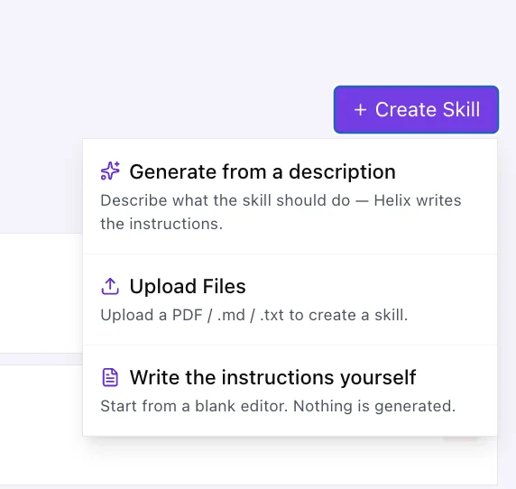 Create Skill dialog offering generate, upload, or write manually