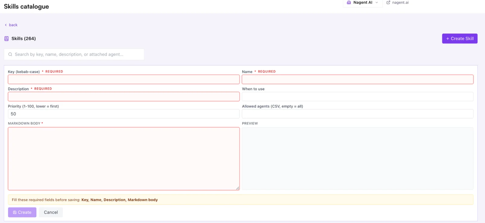 Skill editor flagging the required fields before saving