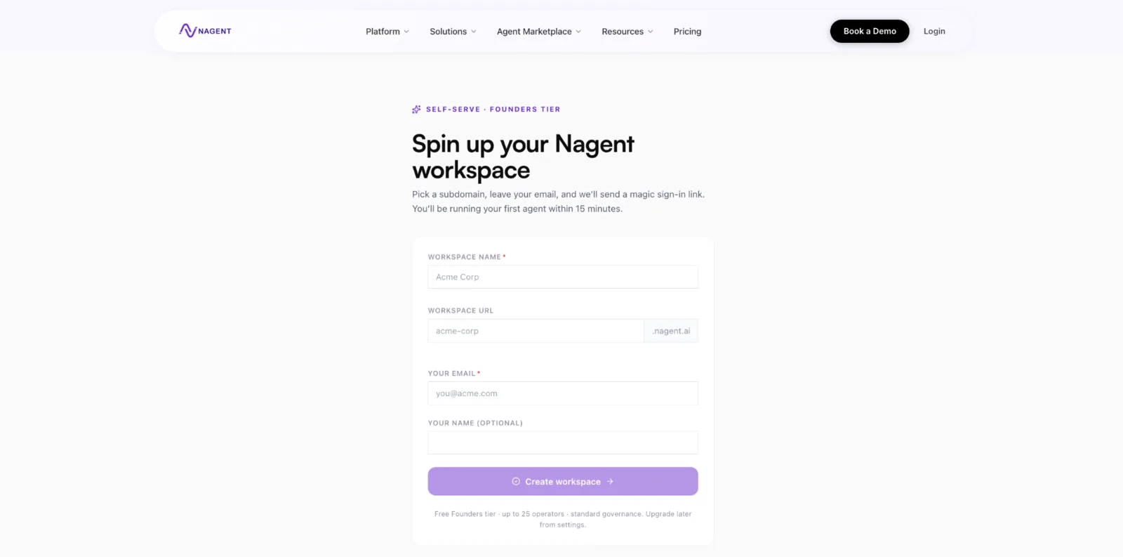Sign-up form for creating a new Nagent organisation