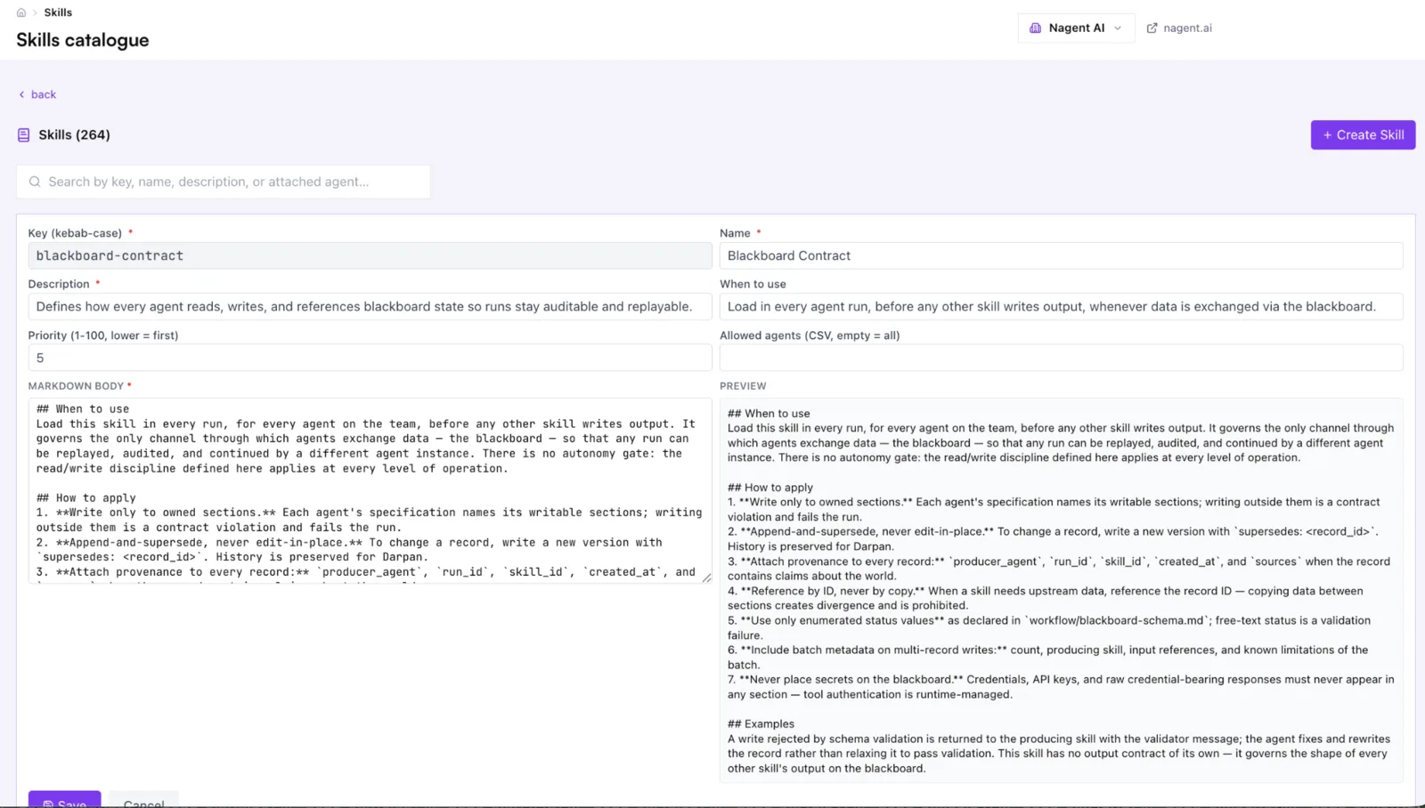 Skill editor showing key, name, priority and markdown body