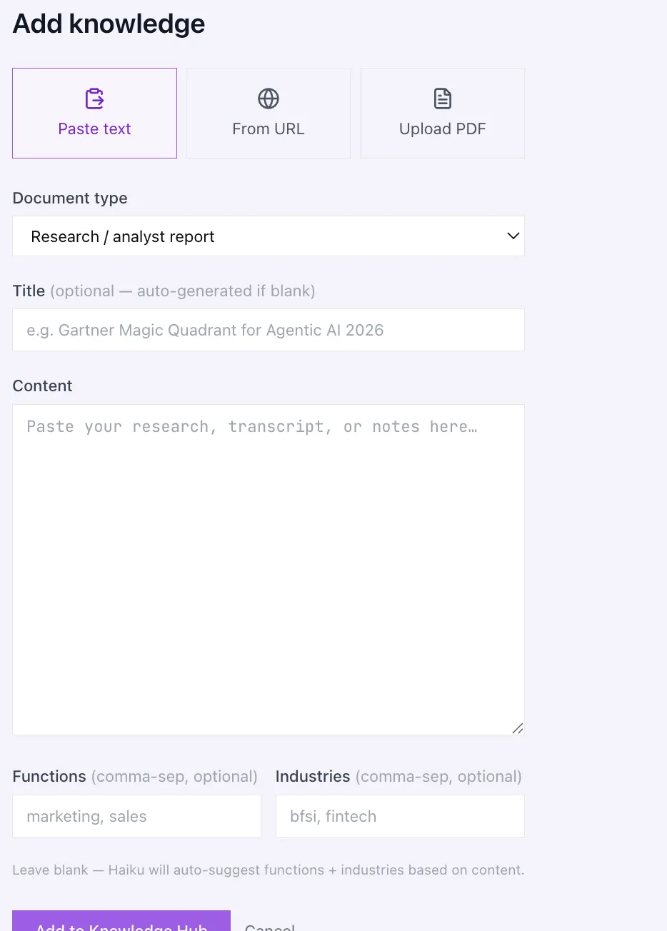 Adding knowledge by text, URL or document upload