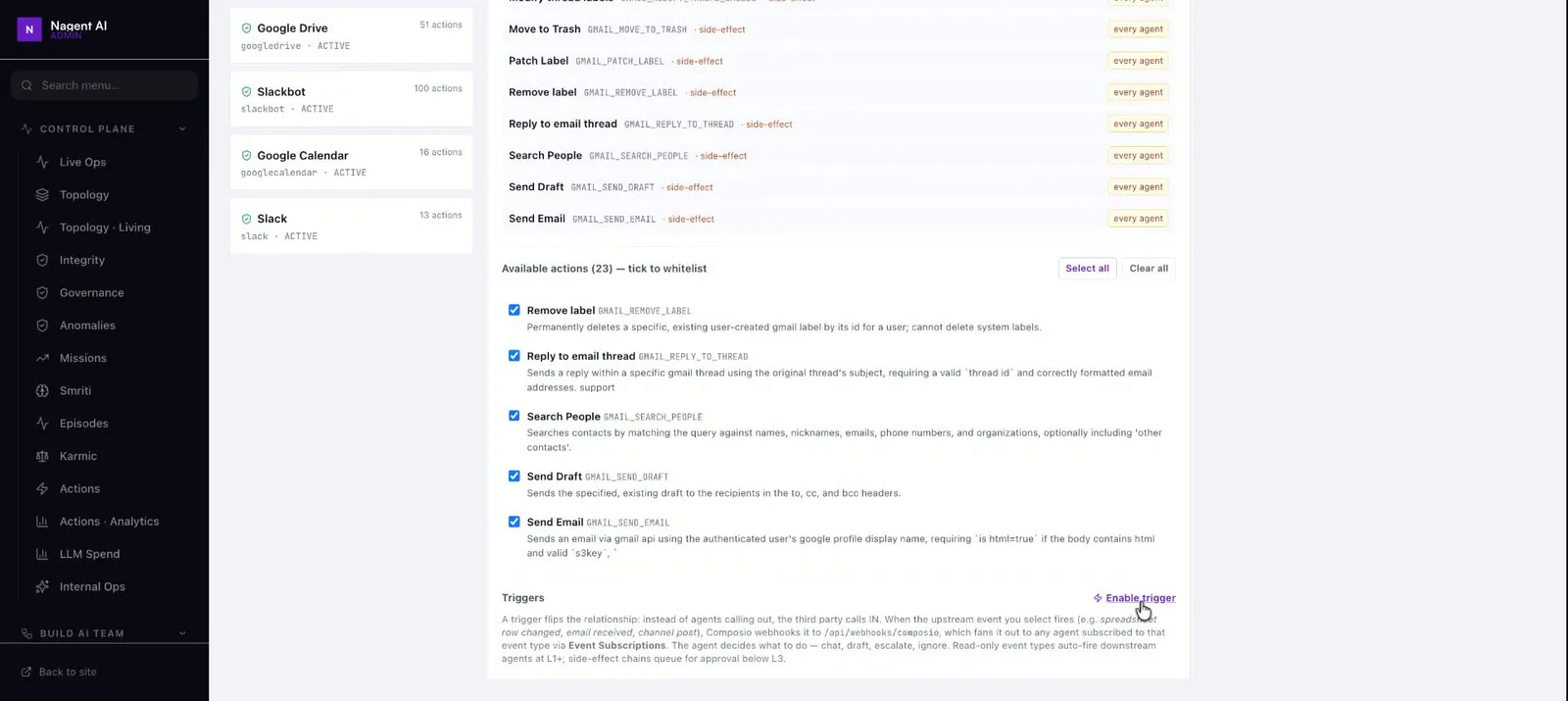 Triggers panel below the whitelisted actions with Enable trigger highlighted