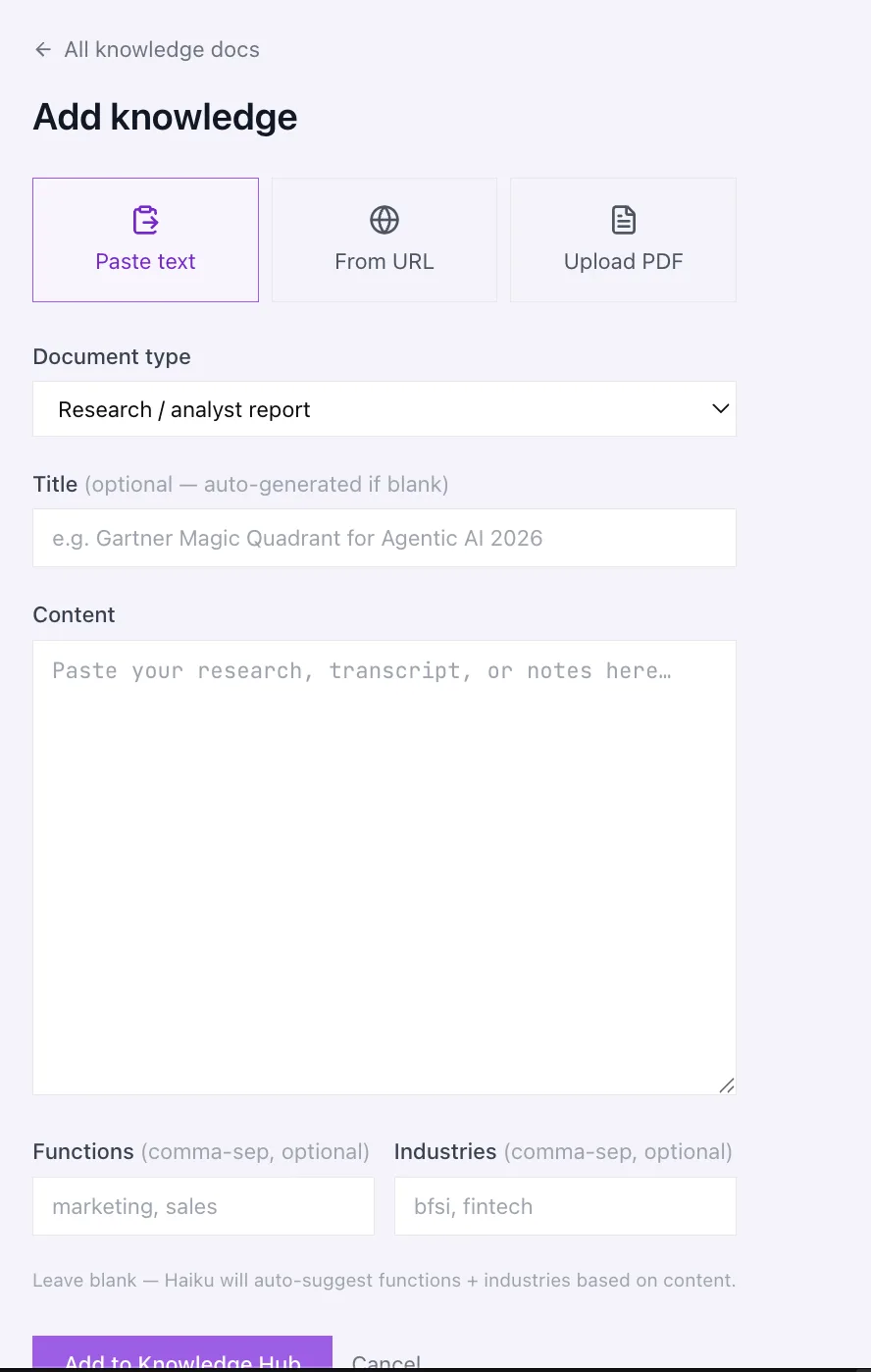 Add knowledge dialog offering paste, url, upload and tool options