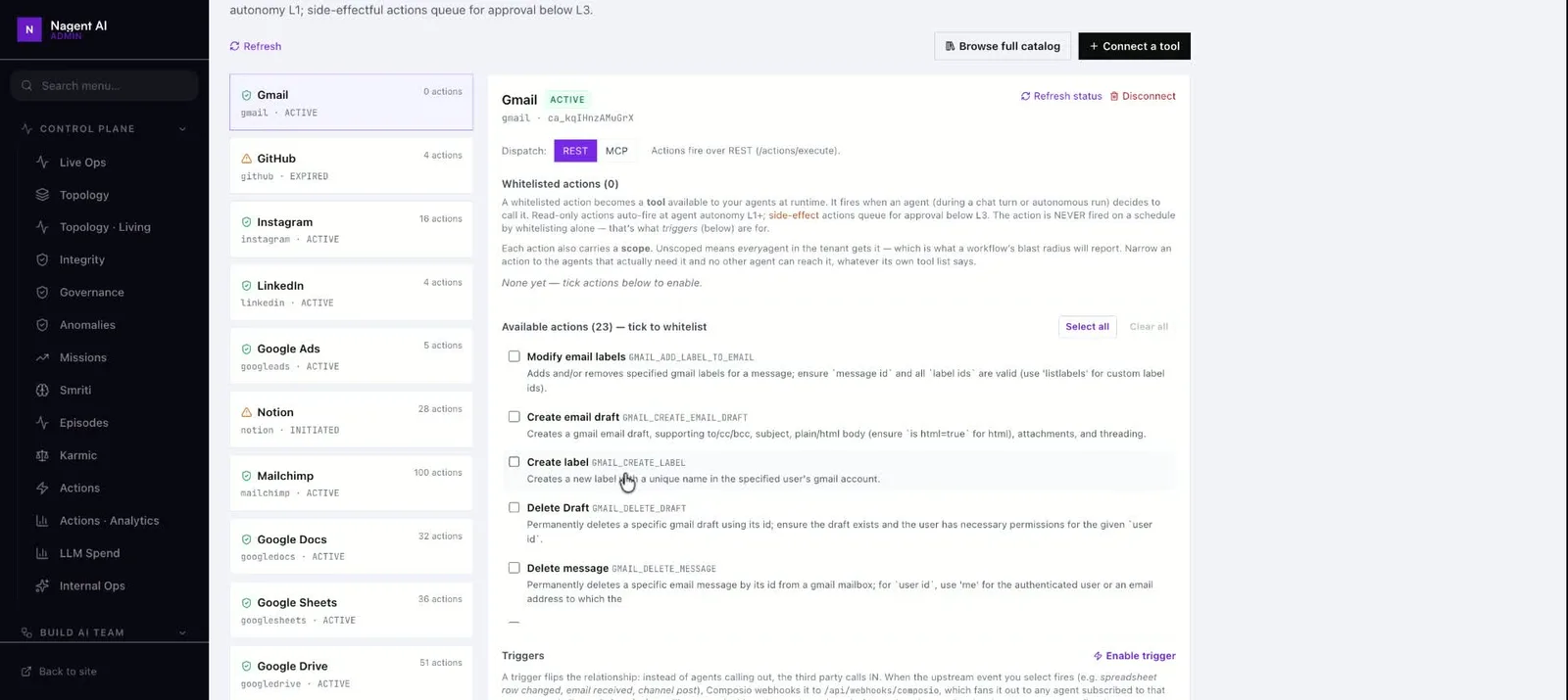Unticked list of twenty-three available Gmail actions with Select all and Clear all