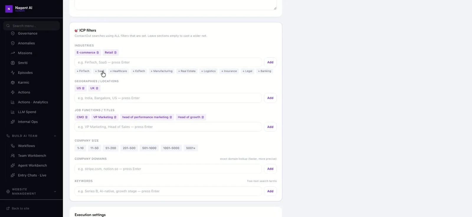 Campaign ICP filters for industries, company size and keywords