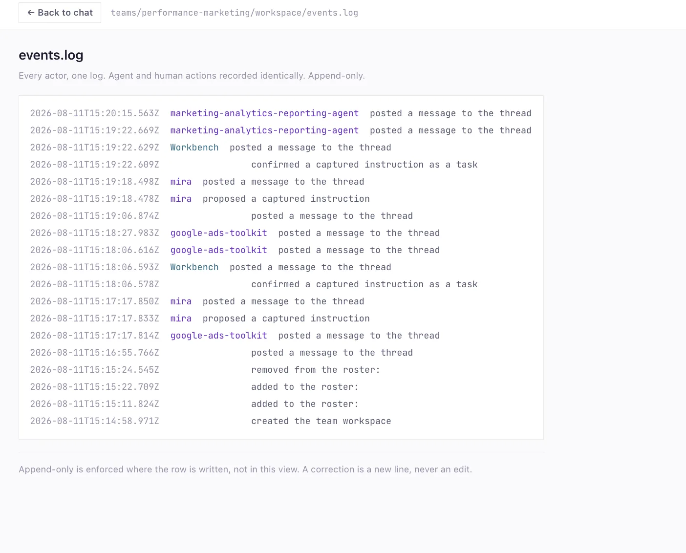 Append-only events log with timestamped entries for each actor